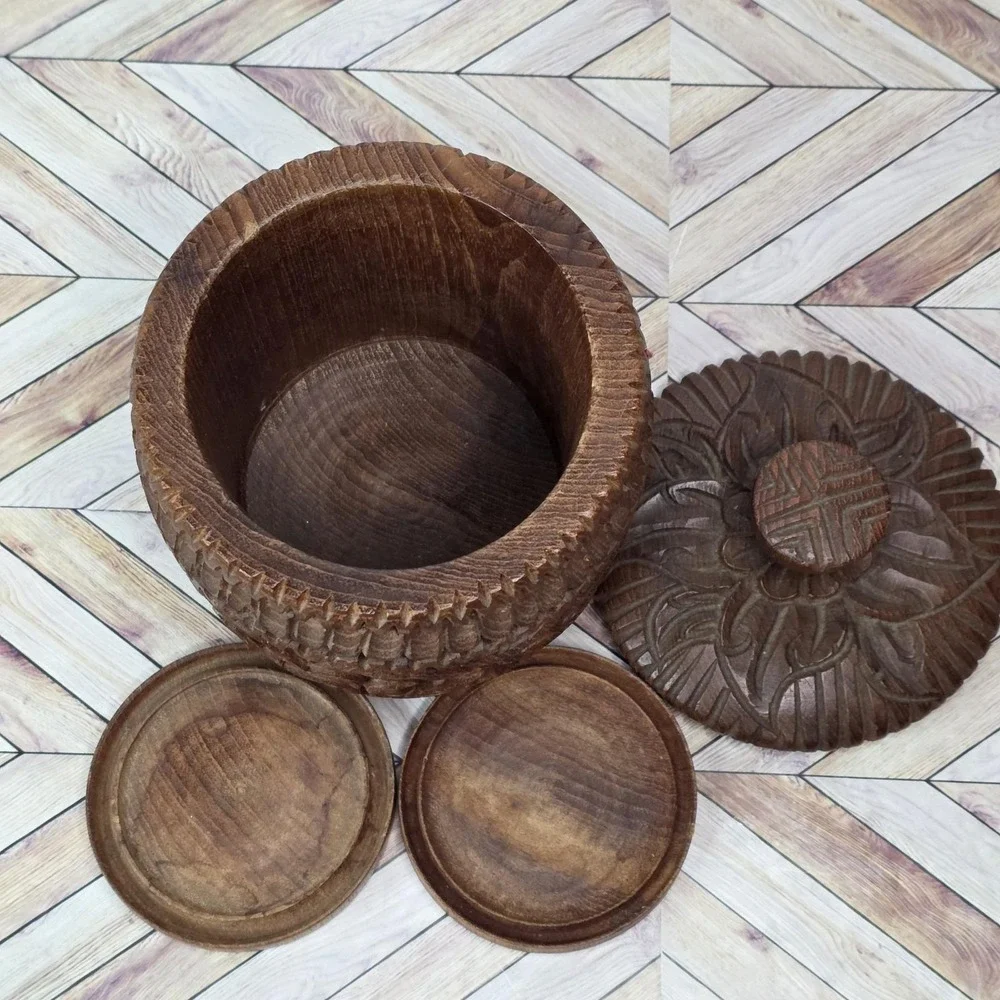 Vintage Ornate Carved Wooden Only 2 Coaster Set with Jar Holder and Lid 6